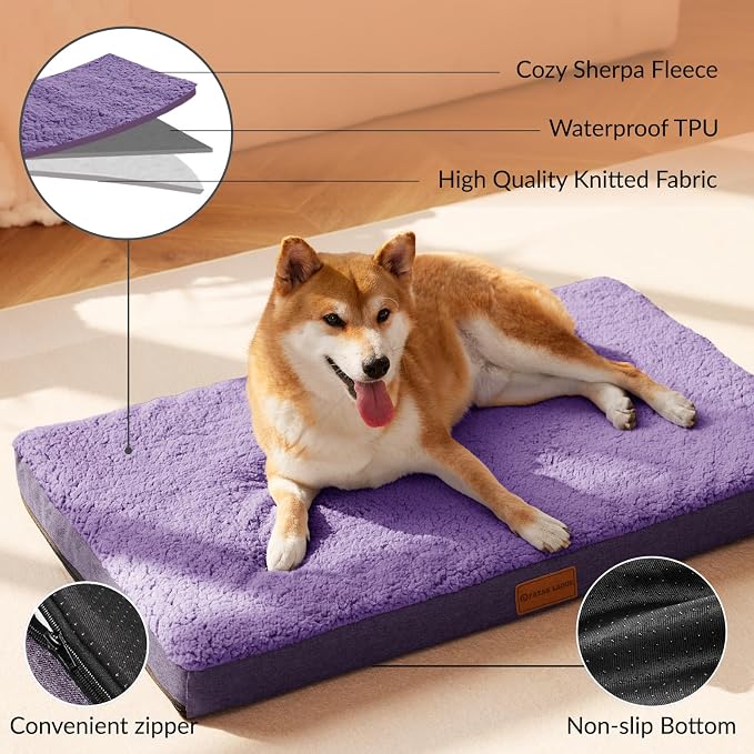 Patas Lague Orthopedic Large Dog Bed Washable Pet Sofa Mat 36''X24''Purple | Egg-Crate Foam Dog Couch For Large Sized Dogs, Waterproof Removable Cover, Soft Pet Crate Bed With Nonskid Bottom