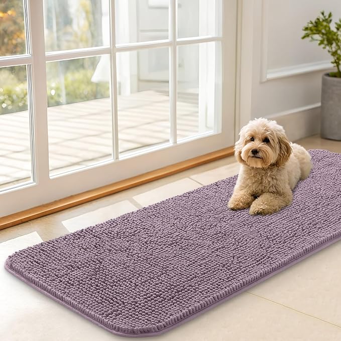 OLANLY Dog Door Mat for Muddy Paws 47x17, Super Absorbent Chenille Mud Mat | Deep Plum, Absorbs Moisture and Dirt, Non-Slip Machine Washable Doormat, Quick-Drying Indoor Entryway Floor Carpet for Dogs