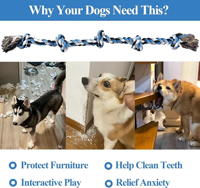 LECHONG Dog Toys for Aggressive Chewers Tough Rope Chew Toys for Large and Medium Dog 3 Feet 5 Knots Indestructible Cotton Rope for Large Breed Dog Tug of War Dog Toy Teeth Cleaning