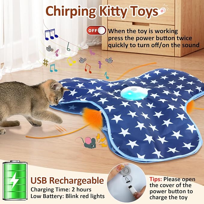 Sofolor Interactive Cat Toy Rechargeable, Cat Exercise Toys for Indoor Bored Adult Cats, Hide and Seek Toy with Motion Activated, Moving Feather, Chirping