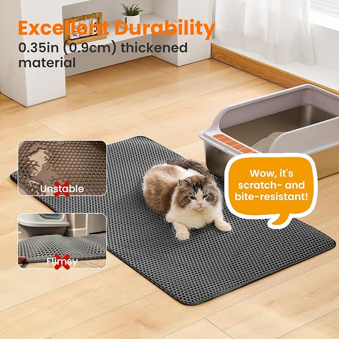 Jumbo Cat Litter Mat, Double Layer Honeycomb Litter Box Mat | 46x26”, Reduces Litter Tracking, Easy to Clean, Waterproof, Non-Slip, Soft on Paws, Scratch Resistant, Black, XXL