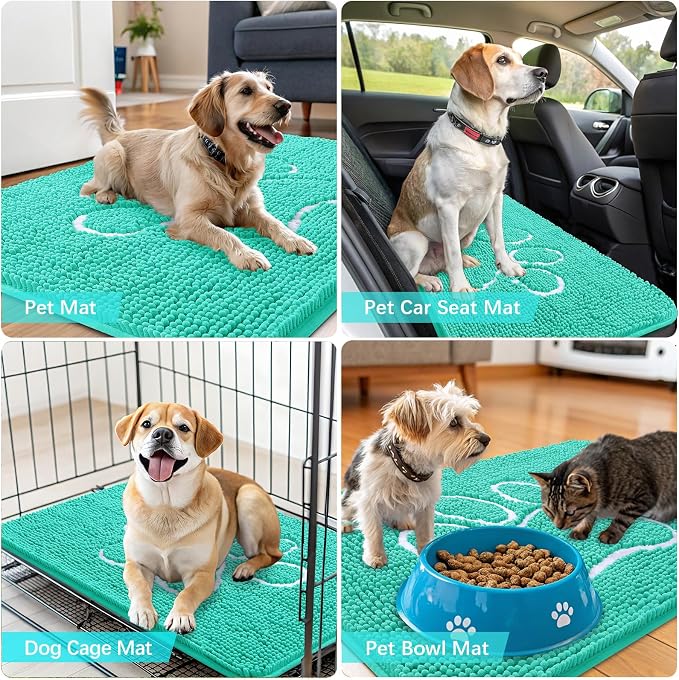 OLANLY Dog Door Mat for Muddy Paws 59x35, Paw Print Design Chenille Mud Mat | Teal, Super Absorbent, Traps Moisture and Dirt, Non-Slip Washable Doormat, Quick-Drying Indoor Entryway Floor Carpet for Dogs