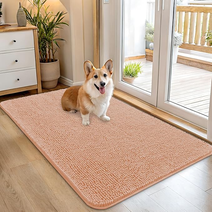 OLANLY Dog Door Mat for Muddy Paws 45x27, Super Absorbent Chenille Mud Mat | Peach, Absorbs Moisture and Dirt, Non-Slip Machine Washable Doormat, Quick-Drying Indoor Entryway Floor Carpet for Dogs