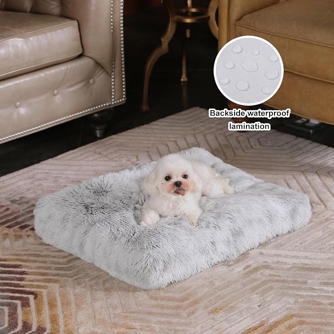Bedfolks Waterproof Crate Bed, Plush Dog & Cat Bed with Removable Washable Cover, Faux Fur Kennel Pad, 21"x13", Grey