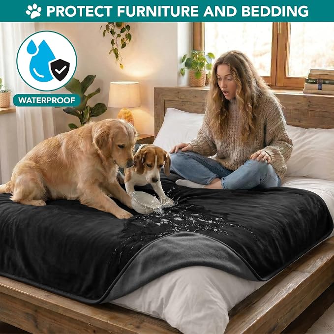 PetAmi Waterproof Dog Blanket for Couch, Pee Proof Reversible Cat Blanket for Sofa Bed Furniture Protector, Soft Fleece Washable Pet Throw for Dogs Cats Puppies Kittens, 60x80 Black Gray