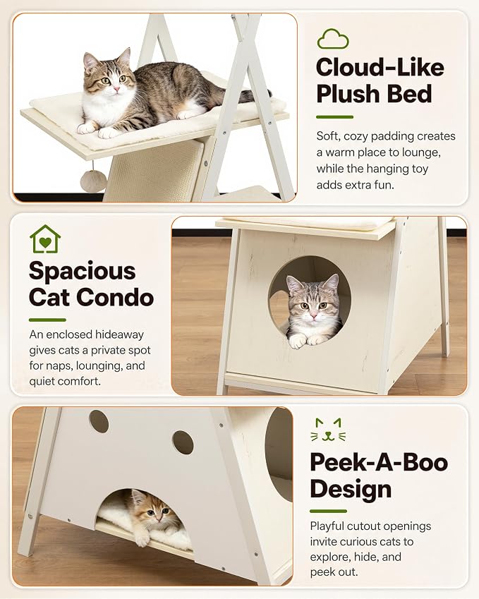 Modern Wood Cat Tree Tower for Indoor Cats Large Adult 67-in Tall | Heavy Duty XL Stable Wooden Cat Condo House Furniture with Multi-Level Spacious Perch Scratching Board Soft Washable Pads