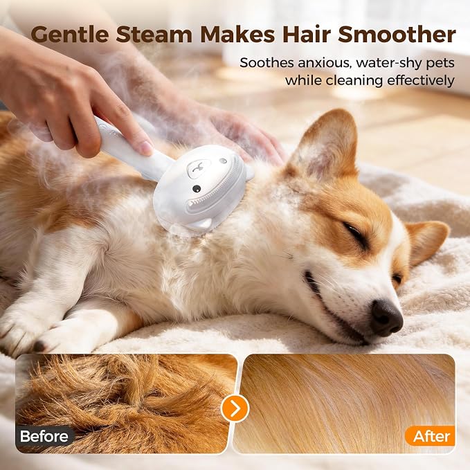 Self Cleaning Shedding Steam Cat Brush, Silicone Scraper Included | Dog Brush, primecat, Cat Brushes for Shedding, USB Rechargeable, for Grooming & Haired Pets, Dogs & Cats, White