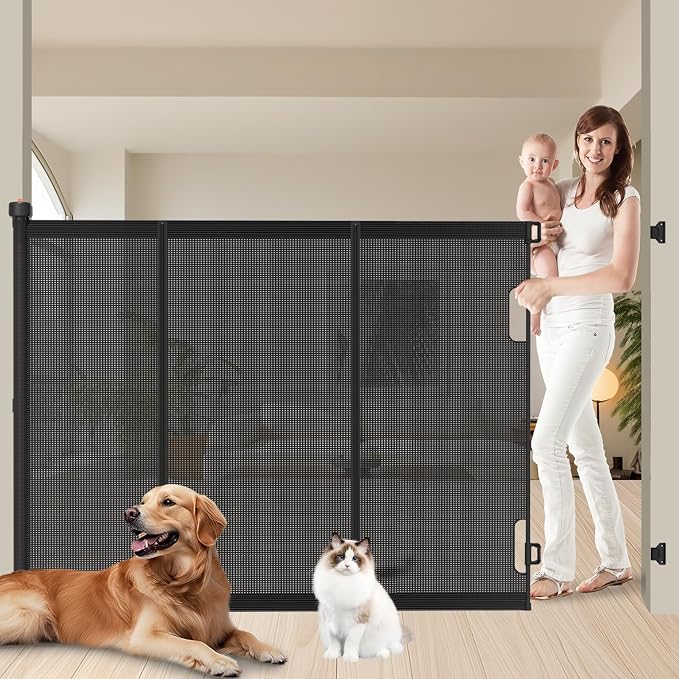 Pawtners Retractable Baby Gates Extra Wide, Dog Gate Indoor for Stairs, Pet Gate with Support Rods for Doorways Hallways Indoor & Outdoor,51" Tall x 200" Wide