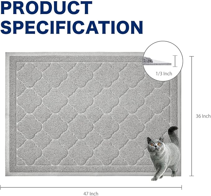 Cat Litter Box Mat, Kitty Premium PVC Pad, Durable Trapping Rug, Phthalate Free, Urine-Resistant, Scatter Control, XXL 47 x 36 Inch, Cadet Grey
