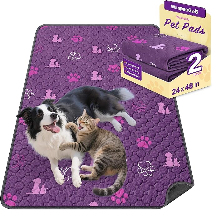 WanpeeGoo Washable Pee Pads for Dogs, Waterproof, 24 x 48 in, 2 Pack, Purp | Super Absorbent, Waterproof and Non-Slip; Washable, Reusable Dog Pads for Crates, Playpens, Floors, Furniture and Travel