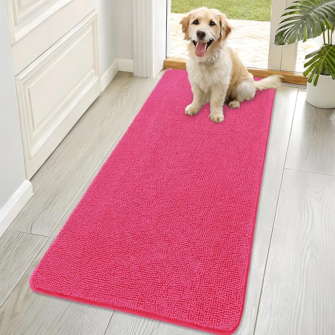 OLANLY Dog Door Mat for Muddy Paws 70x32, Super Absorbent Chenille Mud Mat | Hot Pink, Absorbs Moisture and Dirt, Non-Slip Machine Washable Doormat, Quick-Drying Indoor Entryway Floor Carpet for Dogs