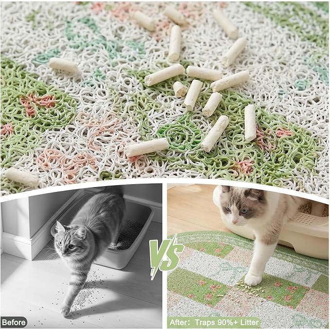 Bienbee Cat Litter Mat, 24" x 15" Litter Box Mat Rug with Non-Slip Bottom,Urine and Water Proof, Easy to Clean Cat Supplies Essentials for Indoor Kitty Kitten Floor, Green Floral Knot M