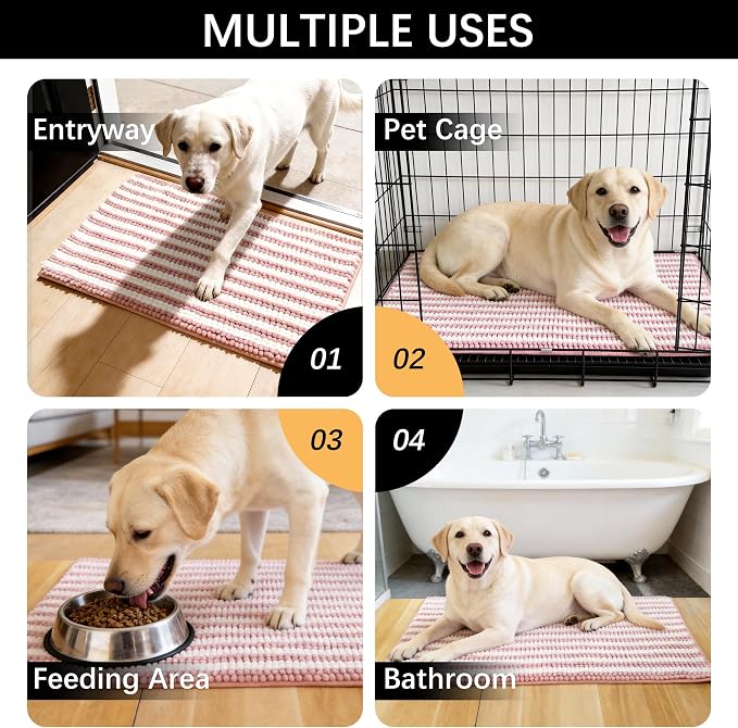 Dog Door Mat for Muddy Paws - Absorbent Quick-Dry Non-Slip Washable Chenille Pet Rug, Indoor Entryway Mat for Front Door & Crate (Pink, 36" L*24" W)