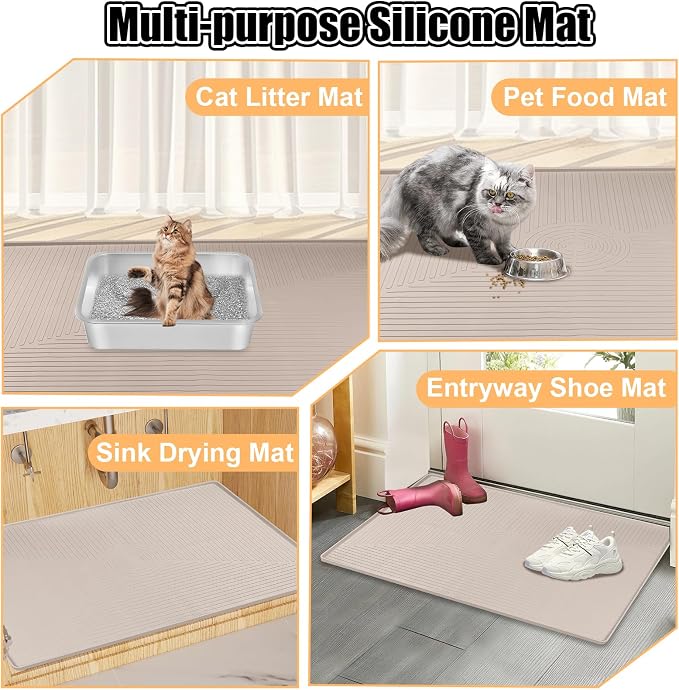 Silicone Cat Litter Mat 50" x 36" Cat Mat for Litter Box, Khaki | Extra Large Cat Litter Trapping Mat for Floor, Waterproof, Non-Slip Kitty Litter Box Mat with Raised Edge, Easy to Clean