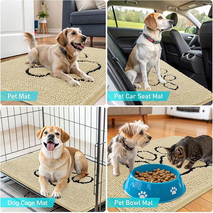 OLANLY Dog Door Mat for Muddy Paws 48x30, Paw Print Design Chenille Mud Mat | Sand, Super Absorbent, Traps Moisture and Dirt, Non-Slip Washable Doormat, Quick-Drying Indoor Entryway Floor Carpet for Dogs
