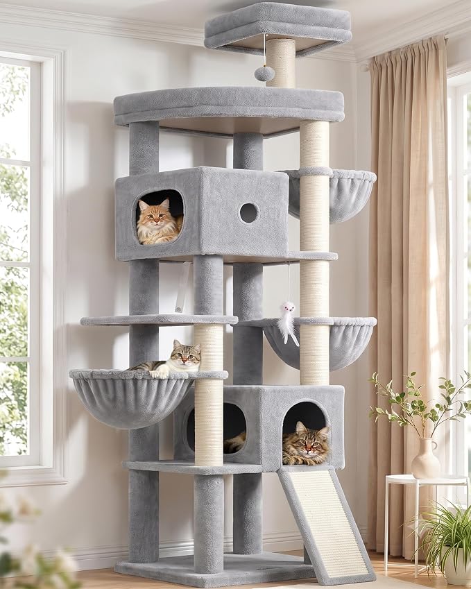 Globlazer F83C Pro Max Heavy Duty Maine Coon Cat Tree, 83in Tall Tower | Easy Assembly, Large Cats, 2 Condos, 3 Hanging Baskets, 2 Perches, 7 Sisal Scratching Posts, Anti-Topple Strap, Light Grey