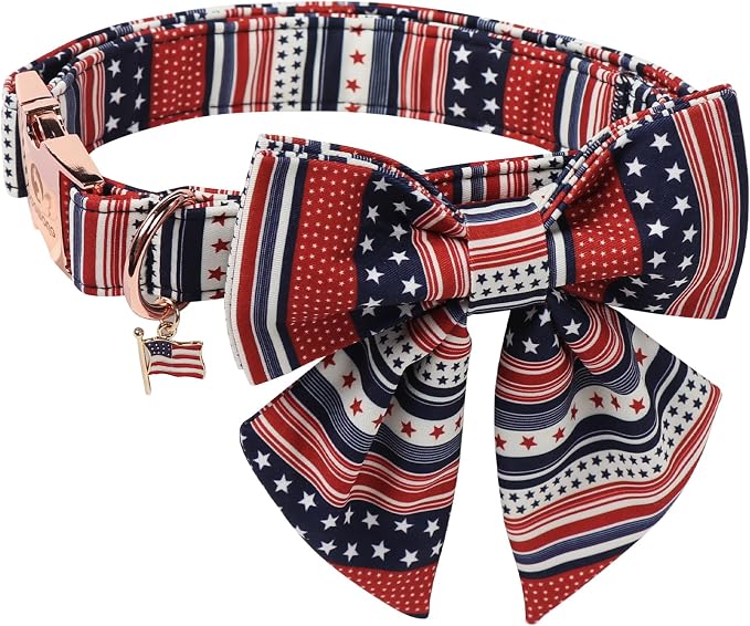 American Flag 4 of July Dog Bow Collar, Independence Day Adjustable Patriotic Dog Collar with Sailor Bowtie for Large Dogs,L