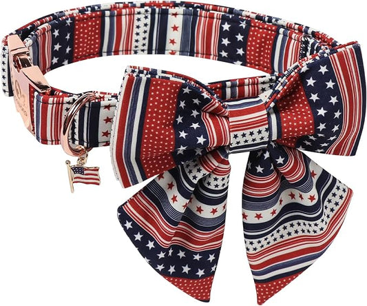 American Flag 4 of July Dog Bow Collar, Independence Day Adjustable Patriotic Dog Collar with Sailor Bowtie for Large Dogs,L