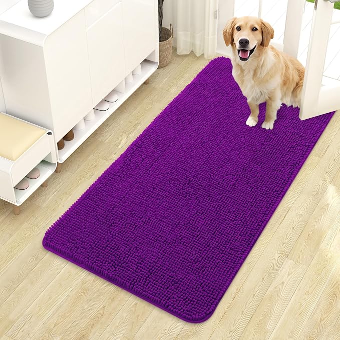 OLANLY Dog Door Mat for Muddy Paws 44x24, Super Absorbent Chenille Mud Mat | Purple, Absorbs Moisture and Dirt, Non-Slip Machine Washable Doormat, Quick-Drying Indoor Entryway Floor Carpet for Dogs