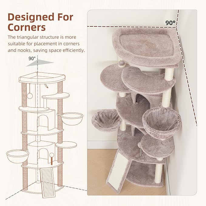 Corner Cat Tree, All Sisal Multi-Cat Scratching Posts GCT035MU | 63.8" Cat Tower for Indoor Cats with Cat Condo, 2 Large Cat Caves, Big Top Perch, 2 Hanging Baskets & Sisal Ramp, Muchroom