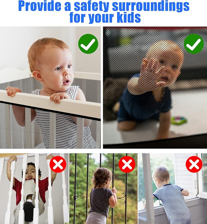 Baby Gate for Stairs, Banister Guard for Kids, Pets, Toys, 32.8ft L x 2.66 ft H, Mesh Netting Safety Net for Balcony Rail Stair, Stairway Net Baby Safety Products for Indoor & Outdoor (Black