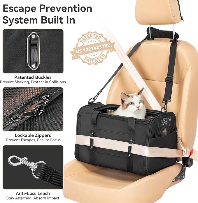 PETSFIT Soft-Sided Cat Carrier with Patented Safety Buckles, Lockable Zippers & Safety Tether,Escape-Resistant Travel Pet Carrier for Car Rides & Vet Visits, Airline Approved Under-Seat, Up to 12 lbs