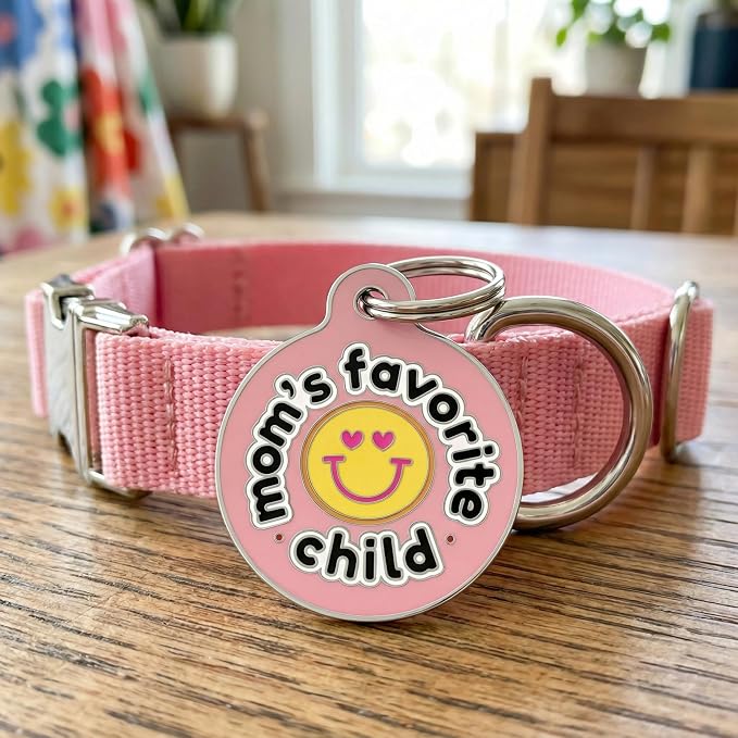 Bad Tags Personalized Dog and Cat ID Tags in 25+ Designs and 2 Sizes - 5 Lines of Custom Engraved Text - Funny Cute Personalized Pet Tags (Mom's Favorite Child - Pink, Small (1 inch))