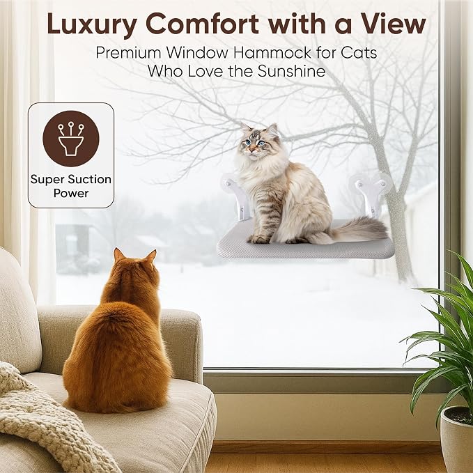 Cat Window Perch, Foldable Hammock Bed with 6 Strong Suction Cups, Cordless Indoor Pet Seat, Washable Fabric, Gray