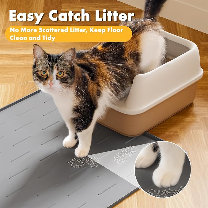Pieviev Extra Large Silicone Litter Box Mat, Easy to Clean, 40'' x 28'' | Deep Grooves Trap Litter, Soft on Kitty Paws, Cat Mat with Non-Slip Backing, Raised Edge Catch Urine and Spills