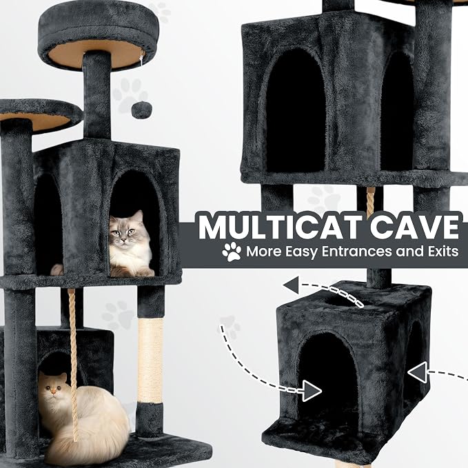 58.5inch Large Cat Tree Tower Condo for Indoor Cats, Soft Plush Multi-Level Climbing Tree Cat House with Cat Cave, Scratching Post, More Entrance/Exit, Sisal Rope, Grey Black