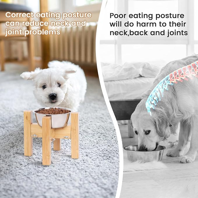 Elevated Dog Bowl Stand Adjustable Dog Food Holder 7”H Small Bamboo | Raised Stand, for Small Dogs, Fits 6”-8” Bowls, Single Bowl Holder, Natural Bamboo, Solid, Classic