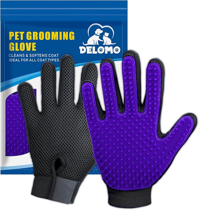 Pet Hair Removal Glove with 255 Silicone Tips for Dogs & Cats,1 Pair Purple | 2-in-1 Deshedding & Massage Mitt, 5-Finger Flexible Design, for Bathing & Grooming, Safe for Long/Short/Curly Hair Pets
