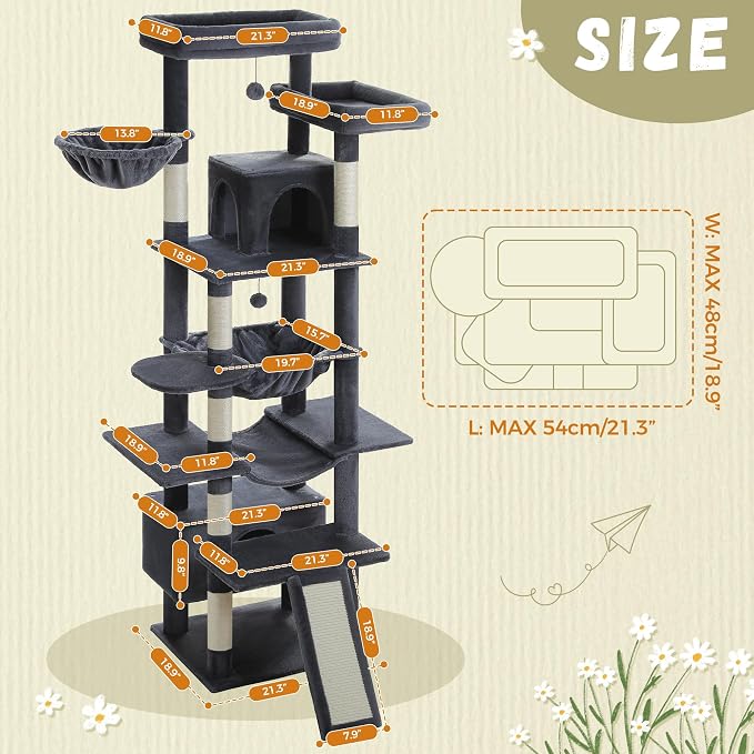 MUTTROS 81 Inch Tall Cat Tree for Big Cats & Multi-Cat Homes, Large Heavy Duty Cat Tower with Metal Frame Hammock, 6 Scratching Posts, 2 Condos, 2 Perches, Scratching Pad - Dark Grey