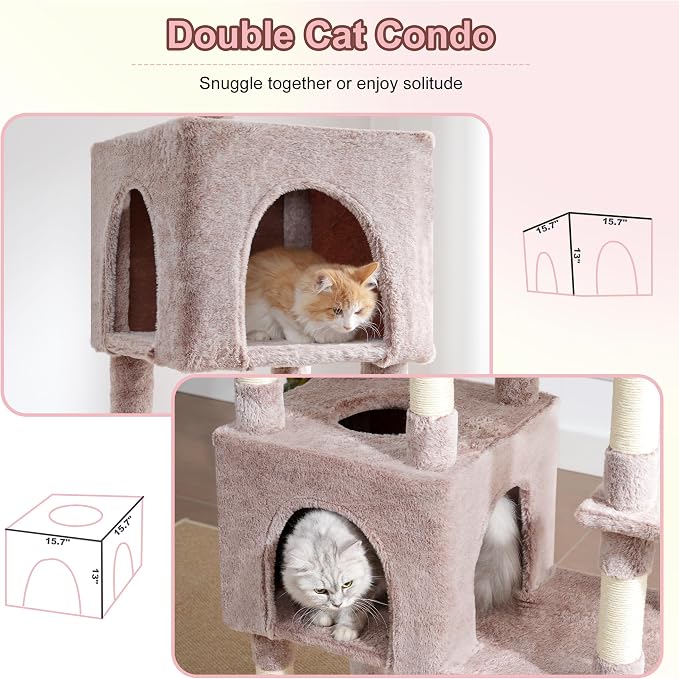 Heybly Cat Tree, 76-Inch Tall Heavy Duty Cat Tower for Big Cats HCT039MU | Multi-Level Large Cat Furniture with Extra Wide Baseboard, 2 Condos & 2 Hammocks, 10 Scratching Posts, Rosy Brown