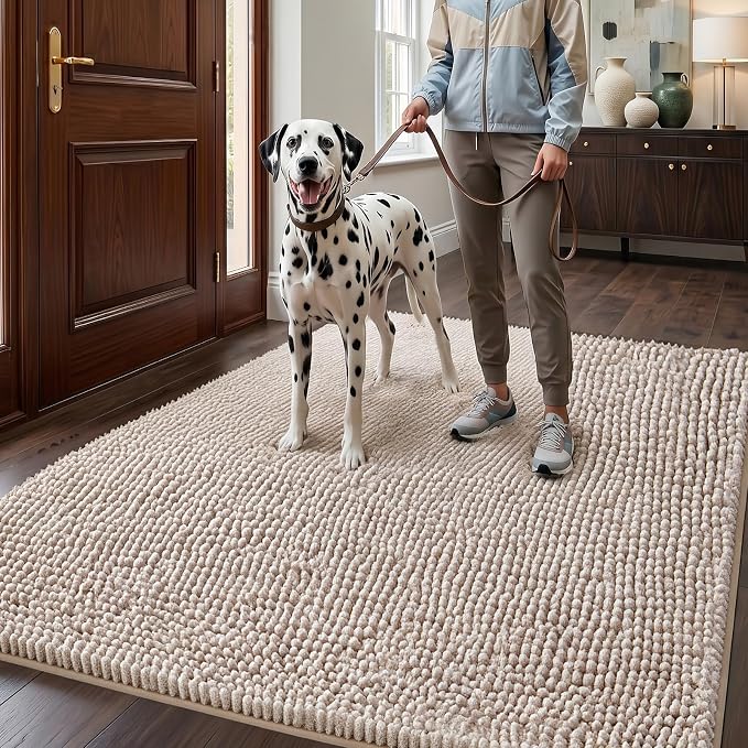 EHEYCIGA Super Absorbent Dog Door Mat for Muddy Paws 60x36 Inch Indoor, Front Doormat Outside Entrance, Quick Dry Chenille Washable Dog Crate Bed, Non-Slip Pet Rug Mud Mat Outdoor Entryway, Beige