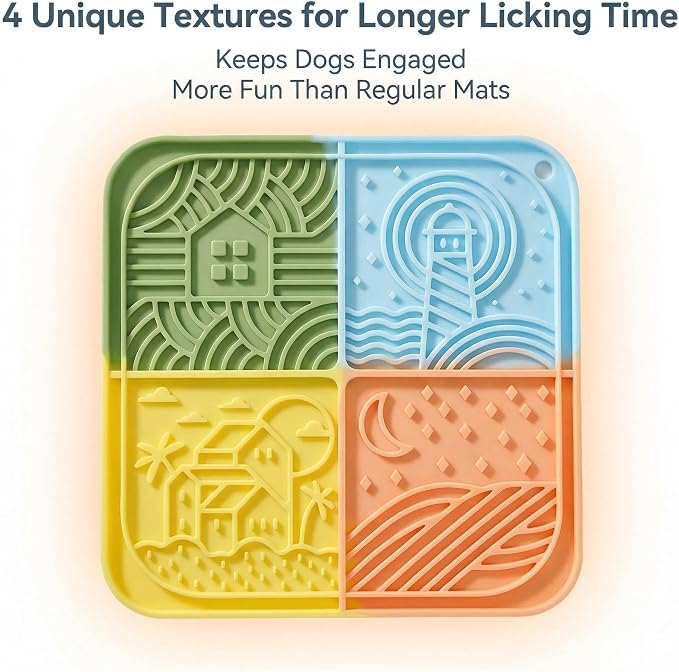 Dog Lick Mat with Suction Cups, 4-Texture Enrichment Slow Feeder for Dogs & Cats, Non-Slip Silicone Licking Pad for Anxiety Relief, Bathing & Training(Multicolor)