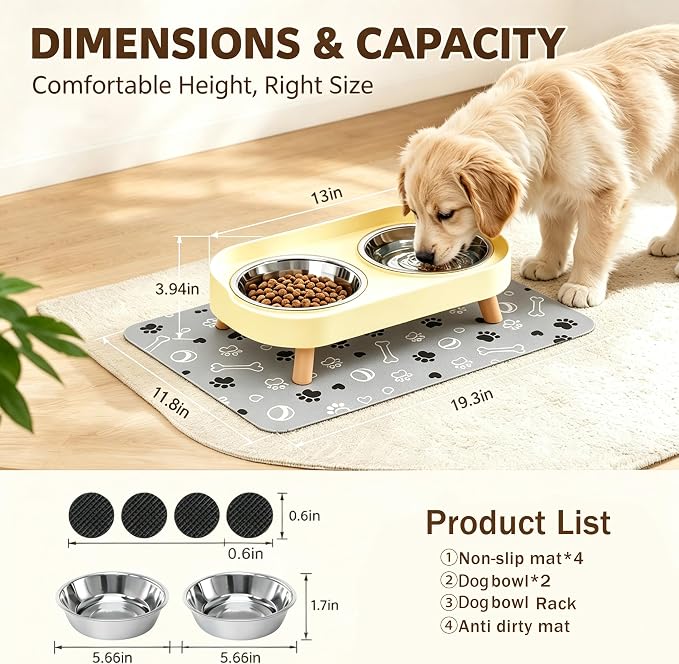 Elevated Dog Bowls with Mat, 2 Stainless Steel for Small Dogs Under 25 Lb | Raised Bowl Stand, Food & Water Set for Cats & Puppies, Splash Proof, Dishwasher Safe, Stain-Resistant Quick-Dry Mat