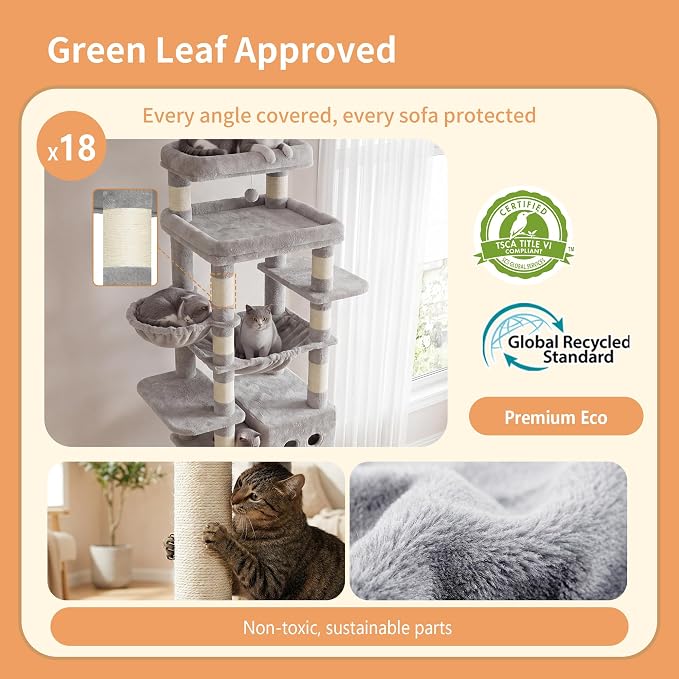Heybly Floor to Ceiling Cat Tree, 104.7"-116.5" Height-Adjustable HCT92W | Expanded Wide Cat Climbing Tower with Wide Perch, 2 Spacious Cat Condos & 15 Scratching Posts for Indoor Cats, Light Gray