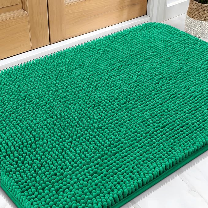 OLANLY Dog Door Mat for Muddy Paws 30x20, Super Absorbent Chenille Mud Mat | Emerald Green, Absorbs Moisture and Dirt, Non-Slip Machine Washable Doormat, Quick-Dry Indoor Entryway Floor Carpet for Dogs