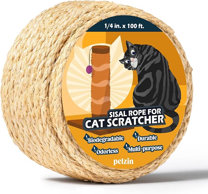 Pelzin Natural Sisal Rope for Cat Scratcher 1/4 Inch by 100 Feet, Cat Tree Rope Twine for Cat Scratching Post Replacement, Cat Tower with Scratch Post Repairing, Replace, Recovering and DIY, Natural