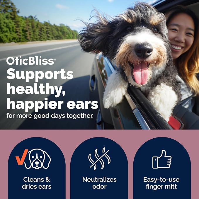 Vetnique Oticbliss Dog & Cat Ear Wipes, Finger Mitt Ear Cleaner for Odor | Dual-Sided Finger Mitt Ear Cleaning & Grooming Wipes With Salicylic Acid & Aloe Vera, Remove Wax, Dirt & Odor, Cat-Safe