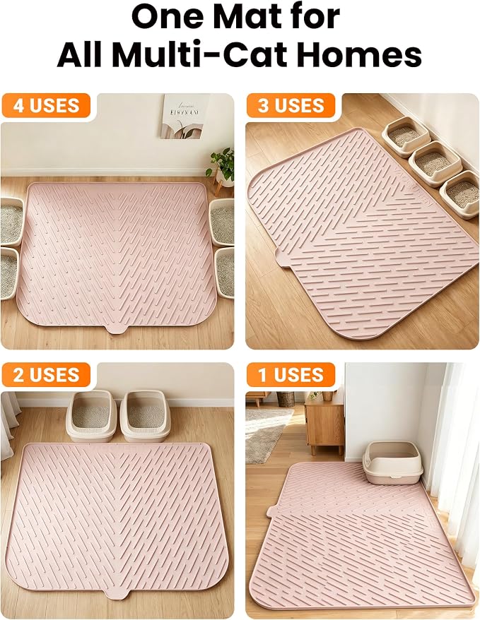 Cat Litter Mat, 47"x37" Extra Large Litter Box Mat, Silicone Mat, Pink | Waterproof Litter Trapping Mat for Scatter Control, Soft on Cat Paws Non-Slip Easy to Clean
