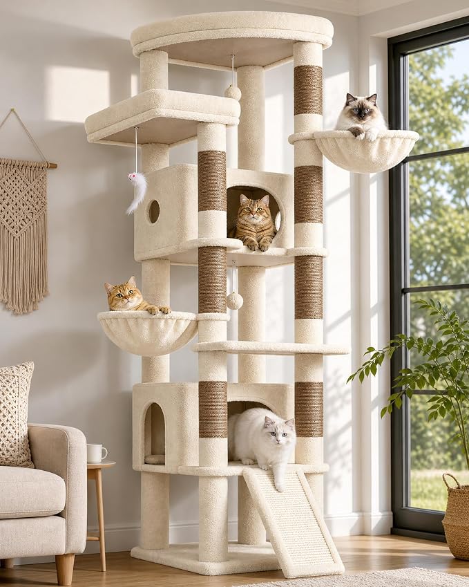 Globlazer 80in Tall Extra Large Heavy Duty Corner Cat Tree Tower, S80C | Sturdy Big Cat Tower for Indoor Cats Large Adult with Scratching Post, 2 Spacious Condos with Padding, 2 Perches, Beige