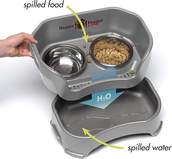 Neater Pet Brands Neater Feeder Deluxe Mess Proof Dog Bowls Elevated for Small Dogs Under 19 lbs, Made in USA, No Spill Raised Dog Food Bowl Stand Feeding Station, Food and Water Bowl Set, Gunmetal