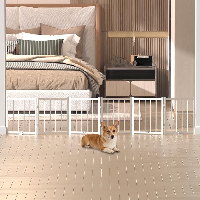 Snuowu 16" Freestanding Short Dog Gate for Small Dogs – Foldable & Retractable, Expands Up to 72" Wide, 6-Panel Pet Barrier for Doorways, Stairs & Hallways (White)