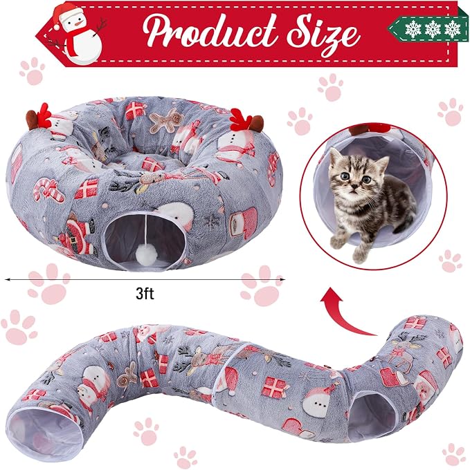 Dansydaisy 9 Pcs Cat Tunnel Under Christmas Tree, 3ft Cat Donut Tunnel with Plush Cushion and 8 Toys Cozy Washable Cave for Kittens Small Medium Pets Rabbits Gifts for Christmas