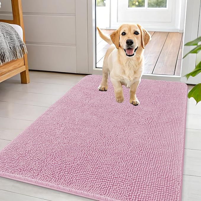 OLANLY Dog Door Mat for Muddy Paws 44x32, Super Absorbent Chenille Mud Mat | Dusty Rose, Absorbs Moisture and Dirt, Non-Slip Machine Washable Doormat, Quick-Drying Indoor Entryway Floor Carpet for Dogs