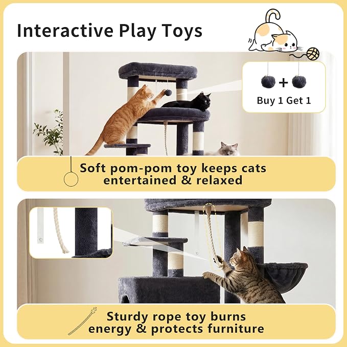 Heybly Cat Tree, 74-Inch Streamlined Cat Tower for Large Cats HCT061G | Cat Furniture with 3-Tier Stacked Condos, Large Perch, Sturdy Base, Full Sisal Scratching Posts & Ramp, Smoky Gray