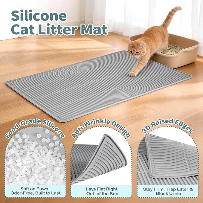 Silicone Cat Litter Mat, 40" x 28" Extra Large Cat Litter Trapping Mat for Litter Box with Raised Edge, Waterproof Cat Litter Tray Mat for Scatter Control, Soft on Kitty Paws, Non-Sip, Easy to Clean