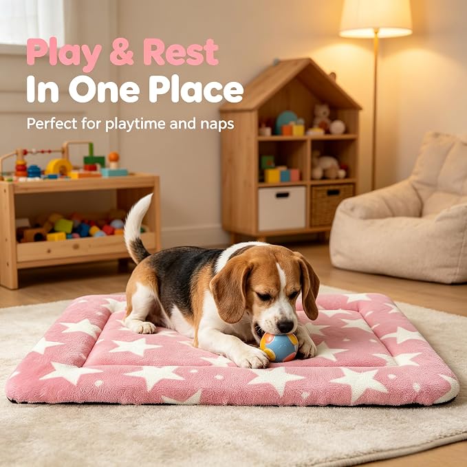 Dog Bed Mat,Reversible & Ultra Soft Kennel Pad-Machine Washable Pet Bed for Dogs & Cats-All-Weather Crate Liner for Crates,Carriers & Travel (Big Star&Pink, 24.0" L x 18.0" W x 1.5" Th)